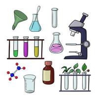 Ein großer Satz Farbsymbole, chemische und biologische Experimente mit einem Mikroskop, Vektorillustration im Cartoon-Stil auf weißem Hintergrund