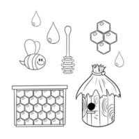 honung samling, svartvit bild, uppsättning av ikoner, bikupa och bi, vektor illustration i tecknad serie stil på en vit bakgrund