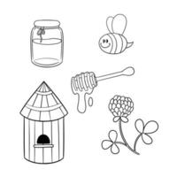 svartvit bild, uppsättning av ikoner, honung samling, bikupa och bi, vektor illustration i tecknad serie stil på en vit bakgrund