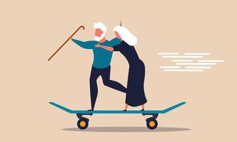 Ruhestand Mann und Frau auf Skateboard. Seniorenurlaub und Reisereise auf Rentenvektor-Illustrationskonzept. Leben älterer Menschen und glückliche Freundschaft. aktive Erholung und lustiges Feiern
