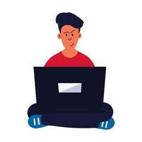 Mann sitzt mit Laptop-Vektor-Illustration. junger mensch mit geschäftscomputer und arbeit im internet. charakter bürojob und professionell arbeitender mitarbeiter. arbeitsplatz zu hause und freiberufler vektor