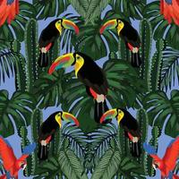 tropische blätter des dschungels und nahtloses design der tropischen vögel vektor