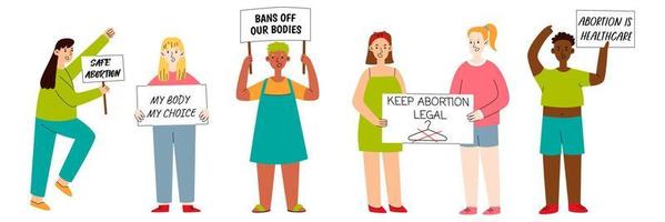 eingestelltes mädchen, das ein plakat über ihrem kopf mit der aufschrift hält. Protest gegen das Abtreibungsverbot. Feministinnen kämpfen für ihre Rechte. flache vektorillustration. vektor