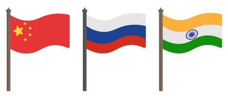 flagga av Kina, ryssland och Indien. uppsättning av Färg vektor illustrationer. symboler av de stater. politisk teman. platt stil. nationell tecken. isolerat bakgrund. aning för webb design.