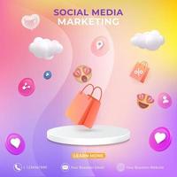 bearbeitbare Social-Media-Beitragsvorlage. 3D-Social-Media-Marketing-Bannerwerbung mit Icon-Tasche vektor