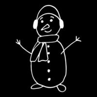 einfacher Vektor-Doodle-Schneemann mit Kopfhörern. handgezeichnete illustration mit schwarzem liner im linienkunststil. kreation von design für neujahr, winter, weihnachten vektor