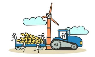 Vektor-Illustration Ernte Ähren Landwirtschaft Landwirt. mann mit traktor- und windmühlenerntearbeitshintergrund. natur nahrung pflanze garten bio. ländliches öko-poster sammeln agronomiekonzept vektor