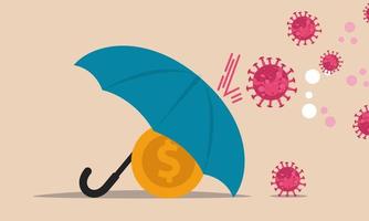 finansiell hjälp med pengar under de kris för företag. de paraply skyddar mynt från påverkan. skydda och spara vinster under pandemi vektor illustration. skuld lån bistånd till entreprenörer