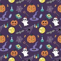 halloween buntes gekritzelmuster. Vektor nahtloser Hintergrund mit Herbstferien Symbolen Jack Laternen, Web, Fledermaus, Hexenhut. wiederholen sie die illustration mit handgezeichneten halloween-elementen