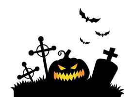 Mitternachtsfriedhofssilhouette mit Kürbis und Fledermäusen. Halloween-Vektor-Illustration.