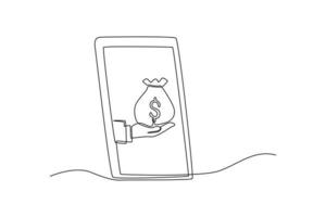 enda ett linje teckning hand håll pengar väska i smartphone. finansiell teknologi begrepp. kontinuerlig linje dra design grafisk vektor illustration.