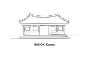einzelne einstrichzeichnung hanok traditionelles koreanisches haus in korea. traditionelles Hauskonzept. ununterbrochene Linie zeichnen grafische Vektorillustration des Designs. vektor