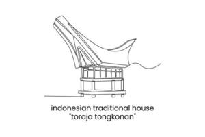 enda ett linje teckning toraja hus i Indonesien. traditionell hus begrepp. kontinuerlig linje dra design grafisk vektor illustration.