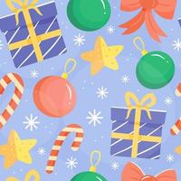 nahtloses blaues muster mit weihnachtsgeschenken, lutschern, bögen, weihnachtsbaumspielzeug und sternen im karikaturstil. Vektor-Illustration-Hintergrund. vektor