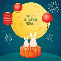 asiatisches Herbstfest. glückliches mittherbstfest-illustrationsbanner. süße Kaninchen, die nachts die Mondlandschaft beobachten. vektor
