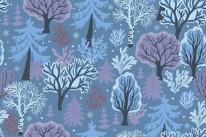 Nahtloses Muster des verschneiten Winterwaldes mit verschiedenen Bäumen und Sträuchern. Vektorgrafiken. vektor