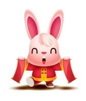 Lycklig kinesisk ny år 2023. tecknad serie söt kanin bär traditionell kinesisk kostym med 2 händer innehav tömma hand rullar. år av de kanin. vektor kanin karaktär