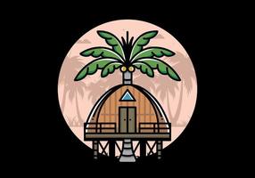 Holzhaus mit großem Kokosnussbaum-Abzeichen-Design vektor