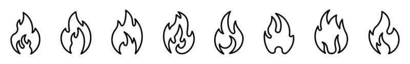 Set von Feuerflammensymbolen in verschiedenen Stilen. Lagerfeuer Linie Silhouette Vektor-Logo-Illustration auf weißem Hintergrund. vektor
