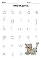 Arbeitsblatt mit süßer Katze. Kleinbuchstaben des Alphabets verfolgen. vektor