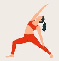 Frau, die Sportkleidung trägt und Yoga macht. junges schlankes Mädchen beim Yoga. hand gezeichnete farbige vektorillustration. Gewichtsverlust. Gesundheits- und Lifestyle-Konzept. weibliches Yoga. vektor