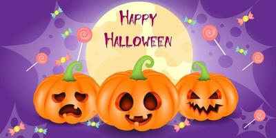 halloween banner 3d-kürbis mit süßem gesicht und süßigkeiten, vektorillustration vektor