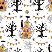 halloween nahtloses muster mit gruseligen häusern, spinnen, kahlen bäumen und girlanden auf weißem hintergrund. handgezeichnete Vektorgrafik im Doodle-Stil vektor