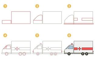 Anweisungen zum Zeichnen von Krankenwagen. Schritt mit dem Krankenwagen folgen. arbeitsblatt für kinder, die lernen, transport zu zeichnen. Spiel für Kindervektorseite. Schema zum Zeichnen von Krankenwagen. Vektor-Illustration vektor