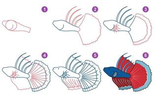 Anleitung zum Zeichnen von süßem Betta. Folgen Sie Schritt für Schritt, um Betta zu zeichnen. Arbeitsblatt für Kinder, die lernen, Aquarienfische zu zeichnen. Spiel für Kindervektorseite. Schema zum Zeichnen von Betta. vektor