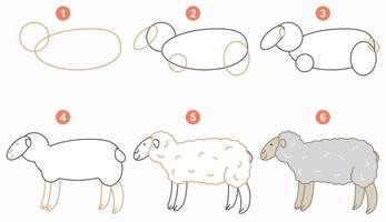 instruktioner för teckning söt får. Följ steg förbi steg. kalkylblad för unge inlärning till dra djur. spel för barn vektor sida. schema för teckning får. vektor illustration