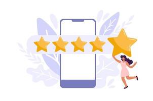 Frau zufriedene Kunden geben 5 Sterne auf dem Smartphone. Leute-Feedback-Vektorillustration, indem sie Sternbewertung geben. Flat Online-Shopping mit fünf Bewertungen und Bewertungen vektor