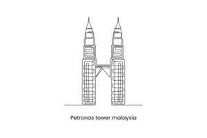 kuala lumpur, malaysia - augusti 24, 2022 kontinuerlig ett linje teckning petronas tvilling torn i kuala lumpur malaysia. landmärken begrepp. enda linje dra design vektor grafisk illustration.