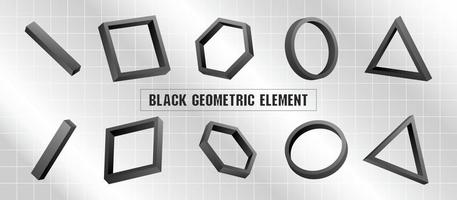 schwarzer geometrischer 3D-Illustrationsgrafikvektor auf retro futuristischem glänzendem silbernem Gittermusterhintergrund vektor