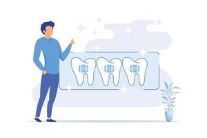 dental procedur, tandställning korrektion metod, fullt med folk tänder behandling, ortodontisk problem, tänder aligner och hållare, konsol platt design modern illustration vektor