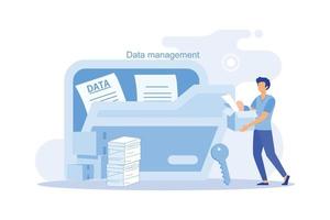 männlicher Arbeiter fügt Dateien zum großen Ordner hinzu. Speicherung und Indexierung von Informationen. Geschäftsmann hält Lupe. Benutzer- und Datenarchiv. Datenbank, Suche nach Informationen. vektor