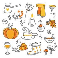 Herbst im Doodle-Stil. authentische Strichzeichnungen handgezeichnete Symbole auf weißem Hintergrund. Herbst im abstrakten Stil. Vektorvorlage. vektor