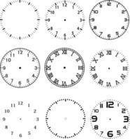 mechanisches zifferblatt wählt schablonensatz auf weißem hintergrund. Uhren mit arabischen und römischen Ziffern. flacher Stil. vektor