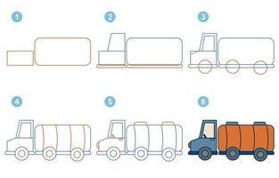 instruktioner för teckning bränsle tankfartyg. Följ steg förbi bränsle tankfartyg. kalkylblad för unge inlärning till dra transport. spel för barn vektor sida. schema för teckning bränsle tankfartyg. vektor illustration