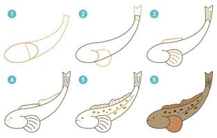 Anleitung zum Zeichnen von niedlichen Skorpionfischen. Folgen Sie Schritt für Skorpionfische. arbeitsblatt für kinder, die lernen, fische zu zeichnen. Spiel für Kindervektorseite. Schema zum Zeichnen von Drachenköpfen. Vektor-Illustration vektor