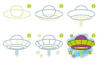 Anleitung zum Zeichnen von Ufos. Folgen Sie Schritt für Schritt zum Zeichnen von UFOs. Arbeitsblatt für Kinder, die lernen, außerirdische Transportmittel zu zeichnen. Spiel für Kinder. Schema zum Zeichnen von UFOs. vektor