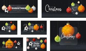 sport weihnachtsverkauf banner oder grußkarte. frohes neues jahr und frohe weihnachten sportbanner mit glasmorphismus, glasmorphismus oder glasmorphismus-unschärfeeffekt. realistische vektorillustration vektor