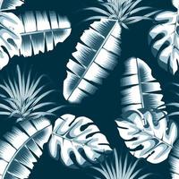 Vintage Naturtapete nahtloses Muster mit blauen hellen Bananen-Monstera-Blättern und monochromatischem tropischem Pflanzenlaub auf dunklem Hintergrund. tropischer Hintergrund. Junglr-Hintergrundbild. Exotischer Sommer vektor