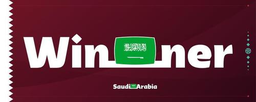 saudi-arabien-flagge mit siegerslogan auf fußballhintergrund. vektorillustration des world football 2022 turniers vektor