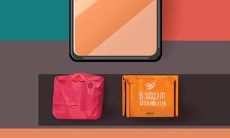 Online-Shopping oder Lieferkonzept Illustration 3D-Vektor zeigen Trolley, Taschen und Kisten. modernes, trendiges Design in leuchtenden Farben auf dem Smartphone vektor