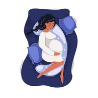 ung gravid kvinna liggande sovande med kuddar på säng. begrepp graviditet och förlossning, moderskap, hälsa och vård, avslappning. vektor