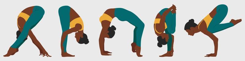 uppsättning med kvinnor håller på med yoga. yoga positioner. afrikansk amerikan kvinnor öva yoga. vektor illustration i minimalism stil.