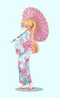 anime manga flickor i traditionell japansk kimono kostym innehav papper paraply. vektor illustration på isolerat bakgrund