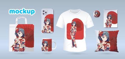 Anime-Manga-Mädchen im traditionellen Kimono. Identity-Branding-Mockup-Set-Draufsicht. Drucke auf T-Shirts, Sweatshirts, Handyhüllen, Taschen, Souvenirs. isolierte Vektorillustration auf weißem Hintergrund