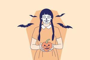 illustrationer av skön ung kvinna med skalle smink innehav pumpa domkraft o lykta för halloween karneval begrepp vektor