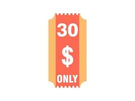 Nur 30-Dollar-Coupon-Schild oder Etikett oder Rabatt-Gutschein-Sparetikett, mit Coupon-Vektorillustration Sommerangebot endet am Wochenende vektor